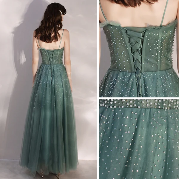 Elegant Green Evening Dresses  2020 A-Line / Princess Spaghetti Straps Sleeveless Beading Pearl Rhinestone Floor-Length / Long Ruffle Backless Formal Dresses