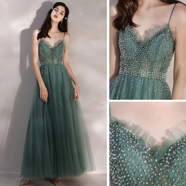 Elegant Green Evening Dresses  2020 A-Line / Princess Spaghetti Straps Sleeveless Beading Pearl Rhinestone Floor-Length / Long Ruffle Backless Formal Dresses