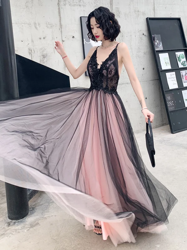 Sexy Noire Robe De Soirée 2020 Princesse Bretelles Spaghetti Sans Manches Appliques En Dentelle Perlage Longue Volants Dos Nu Robe De Ceremonie