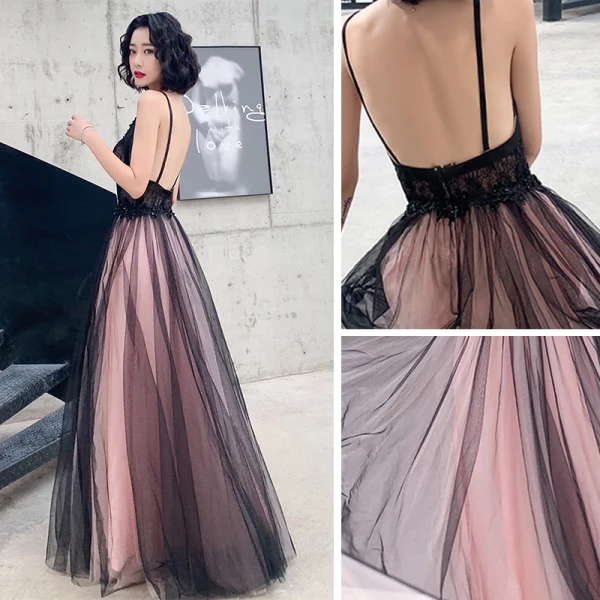 Sexy Noire Robe De Soirée 2020 Princesse Bretelles Spaghetti Sans Manches Appliques En Dentelle Perlage Longue Volants Dos Nu Robe De Ceremonie