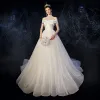 Elegant Ivory Satin Wedding Dresses 2020 A-Line / Princess Off-The-Shoulder Short Sleeve Backless Chapel Train Ruffle