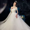 Elegant Ivory Satin Wedding Dresses 2020 A-Line / Princess Off-The-Shoulder Short Sleeve Backless Chapel Train Ruffle