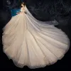 Chic / Beautiful Champagne Wedding Dresses 2020 A-Line / Princess Amazing / Unique Off-The-Shoulder Short Sleeve Backless Beading Glitter Tulle Cathedral Train Ruffle