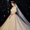 Chic / Beautiful Champagne Wedding Dresses 2020 A-Line / Princess Amazing / Unique Off-The-Shoulder Short Sleeve Backless Beading Glitter Tulle Cathedral Train Ruffle