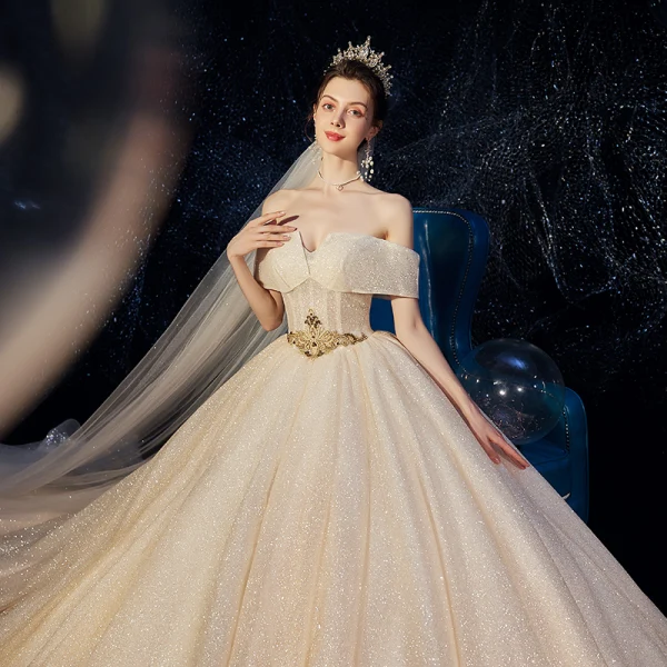 Chic / Beautiful Champagne Wedding Dresses 2020 A-Line / Princess Amazing / Unique Off-The-Shoulder Short Sleeve Backless Beading Glitter Tulle Cathedral Train Ruffle