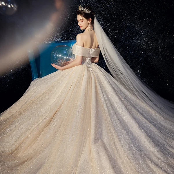 Chic / Beautiful Champagne Wedding Dresses 2020 A-Line / Princess Amazing / Unique Off-The-Shoulder Short Sleeve Backless Beading Glitter Tulle Cathedral Train Ruffle
