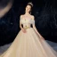 Chic / Beautiful Champagne Wedding Dresses 2020 A-Line / Princess Amazing / Unique Off-The-Shoulder Short Sleeve Backless Beading Glitter Tulle Cathedral Train Ruffle