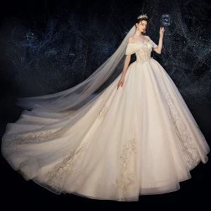 Chic Beautiful Champagne Wedding Dresses 2020 Ball Gown Off The Shoulder Short Sleeve Backless Appliques Lace Beading Chapel Train Ruffle