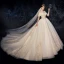 Chic / Belle Champagne Robe De Mariée 2020 Robe Boule De l'épaule Manches Courtes Dos Nu Appliques En Dentelle Perlage Chapel Train Volants