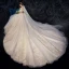 Chic / Belle Champagne Robe De Mariée 2020 Robe Boule De l'épaule Manches Courtes Dos Nu Appliques En Dentelle Perlage Chapel Train Volants