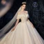 Chic / Belle Champagne Robe De Mariée 2020 Robe Boule De l'épaule Manches Courtes Dos Nu Appliques En Dentelle Perlage Chapel Train Volants
