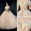 Chic / Belle Champagne Robe De Mariée 2020 Robe Boule De l'épaule Manches Courtes Dos Nu Appliques En Dentelle Perlage Chapel Train Volants