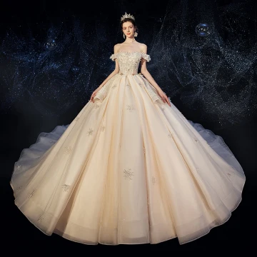Chic Beautiful Champagne Wedding Dresses 2020 Ball Gown Off The Shoulder Short Sleeve Backless Beading Appliques Lace Chapel Train Ruffle
