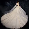 Chic / Beautiful Champagne Wedding Dresses 2020 Ball Gown Off-The-Shoulder Short Sleeve Backless Beading Appliques Lace Chapel Train Ruffle