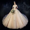 Chic / Beautiful Champagne Wedding Dresses 2020 Ball Gown Off-The-Shoulder Short Sleeve Backless Beading Appliques Lace Chapel Train Ruffle