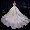 Luxury / Gorgeous Champagne Wedding Dresses 2020 Ball Gown Off-The-Shoulder Short Sleeve Backless Appliques Lace Beading Tassel Cathedral Train Ruffle