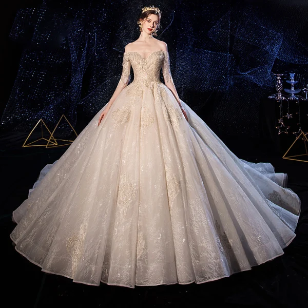 Luxury / Gorgeous Champagne Wedding Dresses 2020 Ball Gown Off-The-Shoulder Short Sleeve Backless Appliques Lace Beading Tassel Cathedral Train Ruffle