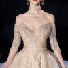 Luxury / Gorgeous Champagne Wedding Dresses 2020 Ball Gown Off-The-Shoulder Short Sleeve Backless Appliques Lace Beading Tassel Cathedral Train Ruffle