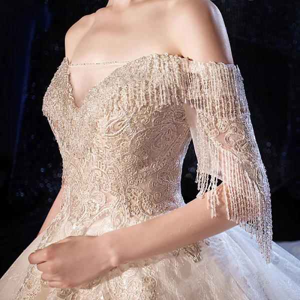 Luxury / Gorgeous Champagne Wedding Dresses 2020 Ball Gown Off-The-Shoulder Short Sleeve Backless Appliques Lace Beading Tassel Cathedral Train Ruffle