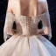 Luxury / Gorgeous Champagne Wedding Dresses 2020 Ball Gown Off-The-Shoulder Short Sleeve Backless Appliques Lace Beading Tassel Cathedral Train Ruffle