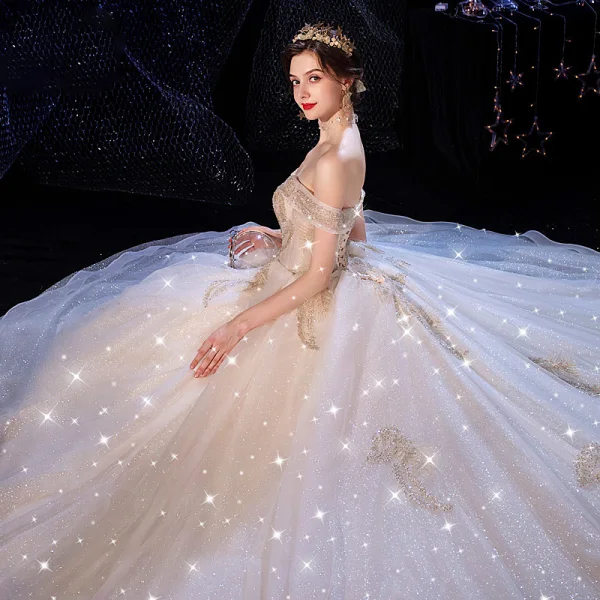 Luxury / Gorgeous Champagne Wedding Dresses 2020 Ball Gown Off-The-Shoulder Short Sleeve Backless Glitter Tulle Beading Cathedral Train Ruffle