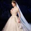 Luxury / Gorgeous Champagne Wedding Dresses 2020 Ball Gown Off-The-Shoulder Short Sleeve Backless Glitter Tulle Beading Cathedral Train Ruffle