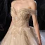 Luxury / Gorgeous Champagne Wedding Dresses 2020 Ball Gown Off-The-Shoulder Short Sleeve Backless Glitter Tulle Beading Cathedral Train Ruffle