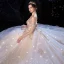 Luxury / Gorgeous Champagne Wedding Dresses 2020 Ball Gown Off-The-Shoulder Short Sleeve Backless Glitter Tulle Beading Cathedral Train Ruffle
