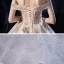 Luxury / Gorgeous Champagne Wedding Dresses 2020 Ball Gown Off-The-Shoulder Short Sleeve Backless Glitter Tulle Beading Cathedral Train Ruffle