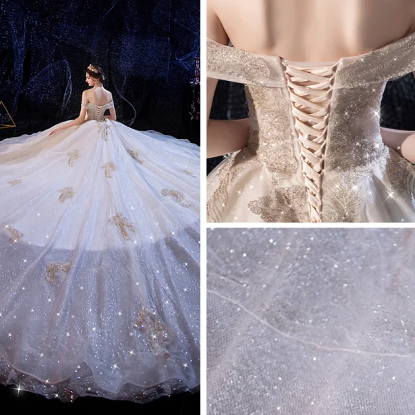 Luxury / Gorgeous Champagne Wedding Dresses 2020 Ball Gown Off-The-Shoulder Short Sleeve Backless Glitter Tulle Beading Cathedral Train Ruffle