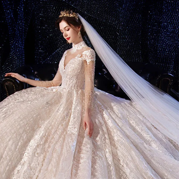 Luxury / Gorgeous Vintage / Retro Champagne See-through Wedding Dresses 2020 Ball Gown High Neck Long Sleeve Backless Glitter Tulle Appliques Lace Handmade Beading Cathedral Train Ruffle