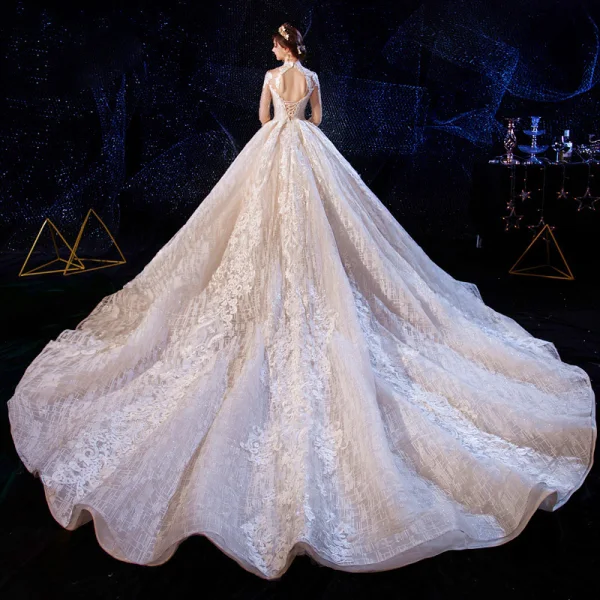 Luxury / Gorgeous Vintage / Retro Champagne See-through Wedding Dresses 2020 Ball Gown High Neck Long Sleeve Backless Glitter Tulle Appliques Lace Handmade Beading Cathedral Train Ruffle