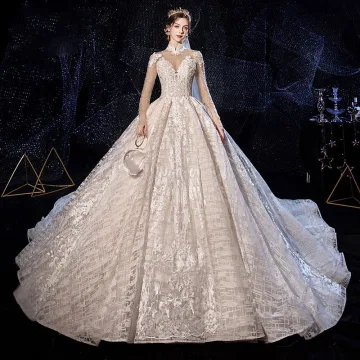 Luxury Gorgeous Vintage Retro Champagne See Through Wedding Dresses 2020 Ball Gown High Neck Long Sleeve Backless Glitter Tulle Appliques Lace Handmade Beading Cathedral Train Ruffle