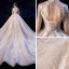 Luxury / Gorgeous Vintage / Retro Champagne See-through Wedding Dresses 2020 Ball Gown High Neck Long Sleeve Backless Glitter Tulle Appliques Lace Handmade  Beading Cathedral Train Ruffle