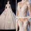 Luxury / Gorgeous Vintage / Retro Champagne See-through Wedding Dresses 2020 Ball Gown High Neck Long Sleeve Backless Glitter Tulle Appliques Lace Handmade  Beading Cathedral Train Ruffle