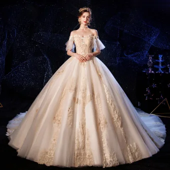 Luxury Gorgeous Champagne Wedding Dresses 2020 Ball Gown Off The Shoulder Bell Sleeves Backless Appliques Lace Beading Cathedral Train Ruffle