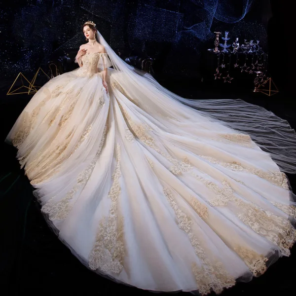 Luxury / Gorgeous Champagne Wedding Dresses 2020 Ball Gown Off-The-Shoulder Bell sleeves Backless Appliques Lace Beading Cathedral Train Ruffle
