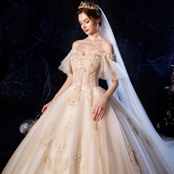 Luxury / Gorgeous Champagne Wedding Dresses 2020 Ball Gown Off-The-Shoulder Bell sleeves Backless Appliques Lace Beading Cathedral Train Ruffle