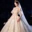 Luxury / Gorgeous Champagne Wedding Dresses 2020 Ball Gown Off-The-Shoulder Bell sleeves Backless Appliques Lace Beading Cathedral Train Ruffle