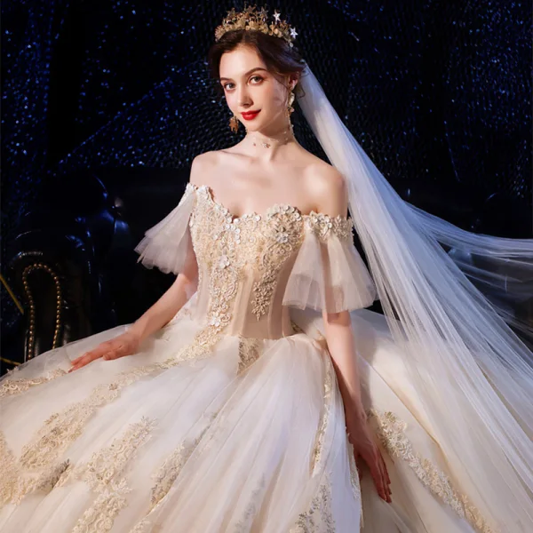 Luxury / Gorgeous Champagne Wedding Dresses 2020 Ball Gown Off-The-Shoulder Bell sleeves Backless Appliques Lace Beading Cathedral Train Ruffle