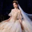Luxury / Gorgeous Champagne Wedding Dresses 2020 Ball Gown Off-The-Shoulder Bell sleeves Backless Appliques Lace Beading Cathedral Train Ruffle