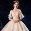 Luxury / Gorgeous Champagne Wedding Dresses 2020 Ball Gown Off-The-Shoulder Bell sleeves Backless Appliques Lace Beading Cathedral Train Ruffle