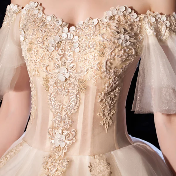 Luxury / Gorgeous Champagne Wedding Dresses 2020 Ball Gown Off-The-Shoulder Bell sleeves Backless Appliques Lace Beading Cathedral Train Ruffle
