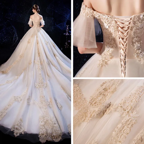 Luxury / Gorgeous Champagne Wedding Dresses 2020 Ball Gown Off-The-Shoulder Bell sleeves Backless Appliques Lace Beading Cathedral Train Ruffle