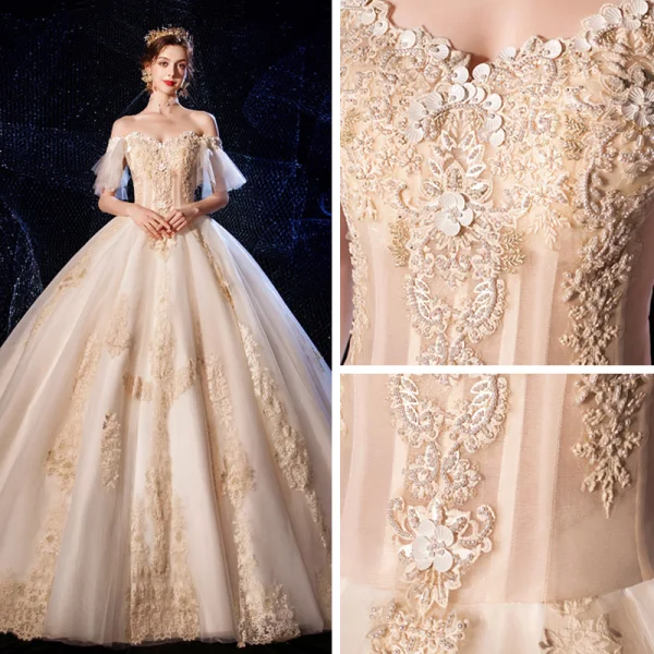 Luxury / Gorgeous Champagne Wedding Dresses 2020 Ball Gown Off-The-Shoulder Bell sleeves Backless Appliques Lace Beading Cathedral Train Ruffle