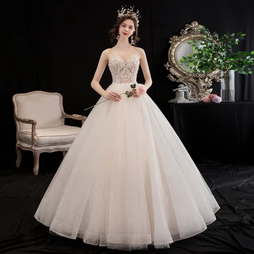 Affordable Champagne Wedding Dresses 2020 A Line Princess Spaghetti Straps Sleeveless Backless Glitter Tulle Appliques Lace Beading Floor Length Long Ruffle