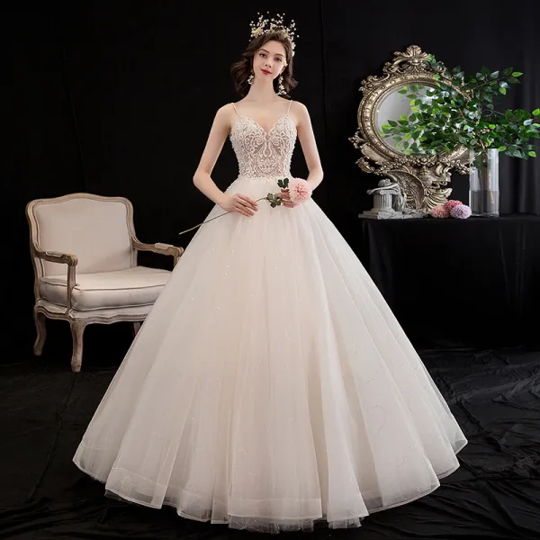 Affordable Champagne Wedding Dresses 2020 A-Line / Princess Spaghetti Straps Sleeveless Backless Glitter Tulle Appliques Lace Beading Floor-Length / Long Ruffle