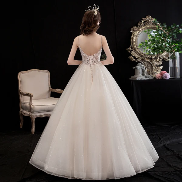 Affordable Champagne Wedding Dresses 2020 A-Line / Princess Spaghetti Straps Sleeveless Backless Glitter Tulle Appliques Lace Beading Floor-Length / Long Ruffle