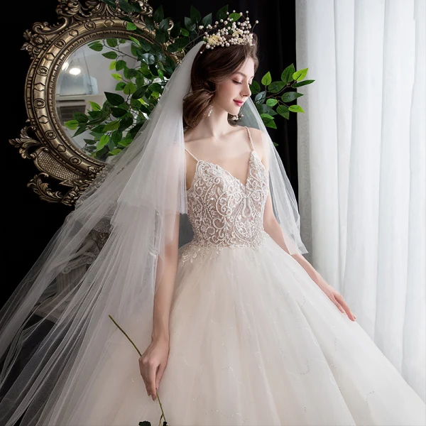 Affordable Champagne Wedding Dresses 2020 A-Line / Princess Spaghetti Straps Sleeveless Backless Glitter Tulle Appliques Lace Beading Floor-Length / Long Ruffle
