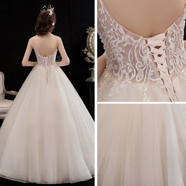 Affordable Champagne Wedding Dresses 2020 A-Line / Princess Spaghetti Straps Sleeveless Backless Glitter Tulle Appliques Lace Beading Floor-Length / Long Ruffle